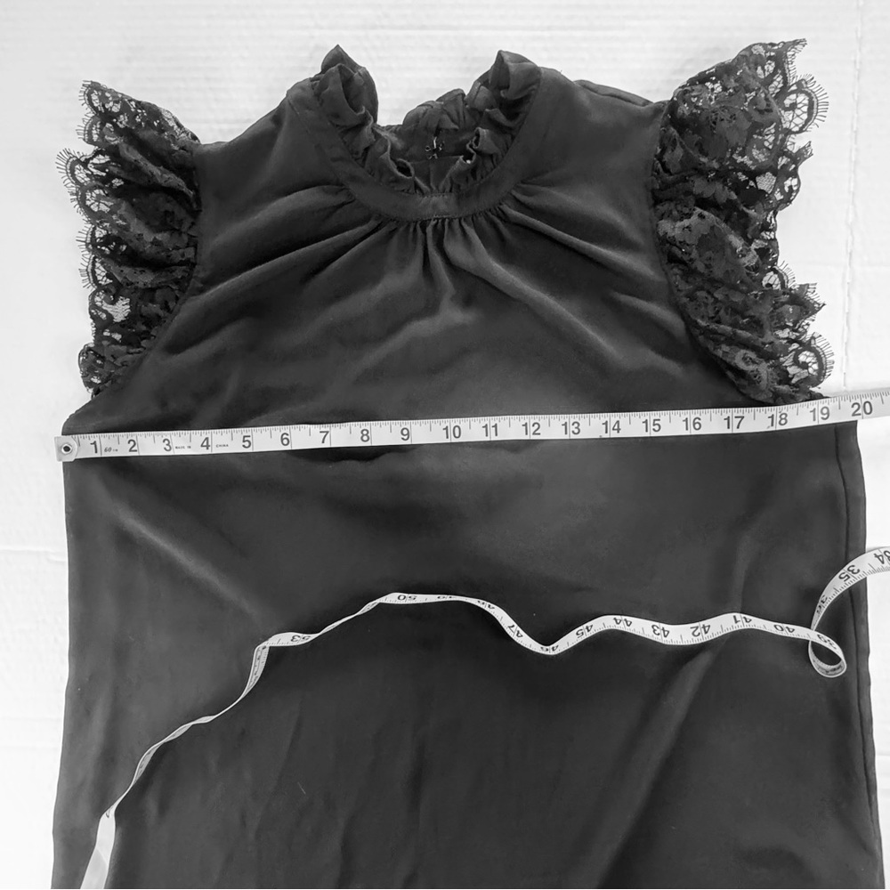 Express Black Lace Sleeve Blouse Ruffle Neck Sleeveless Top Size M Elegant Chic - Picture 7 of 11